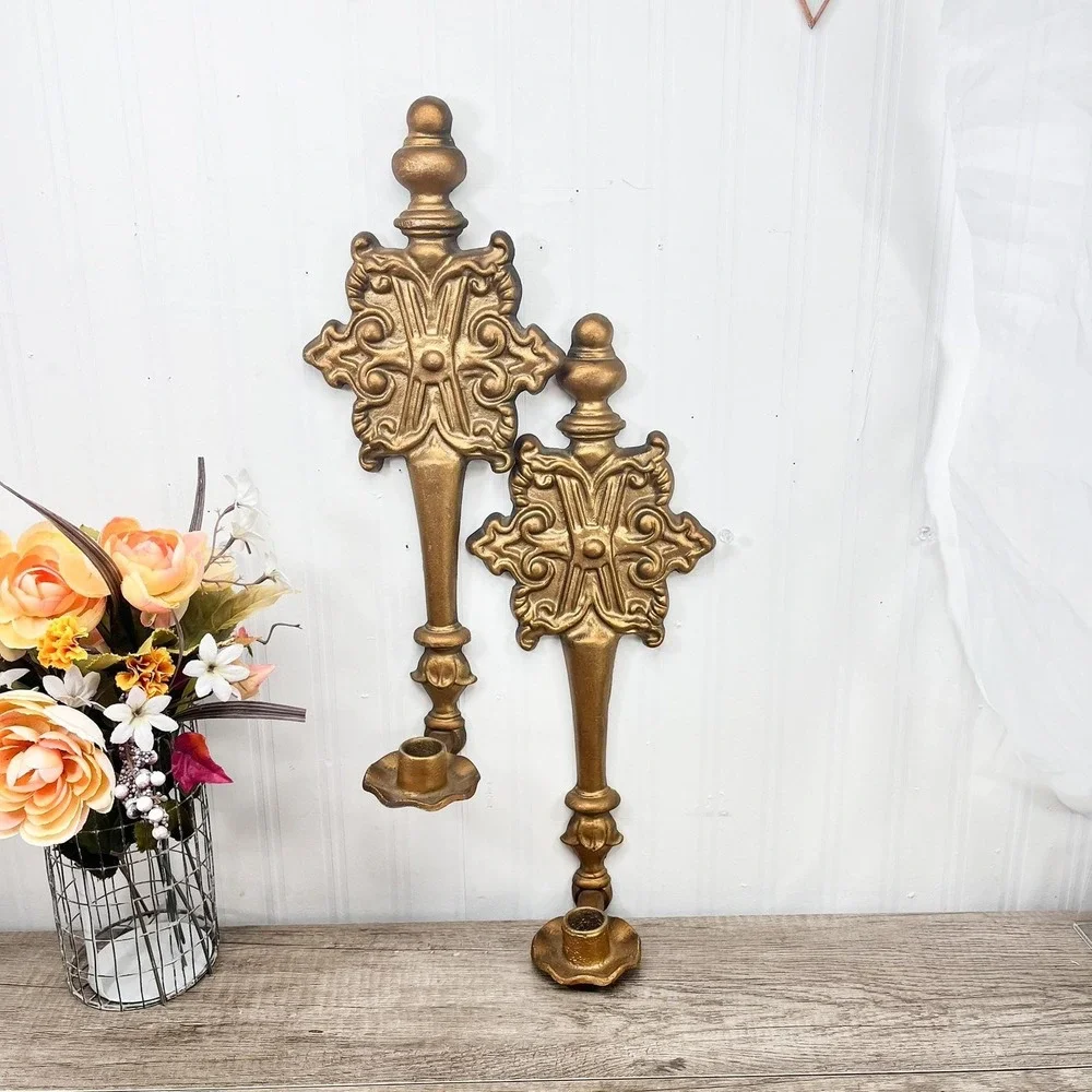 Vintage Hoda Gilt Wall Sconce Pair | 16" Ornate Gold Taper Candle Holders